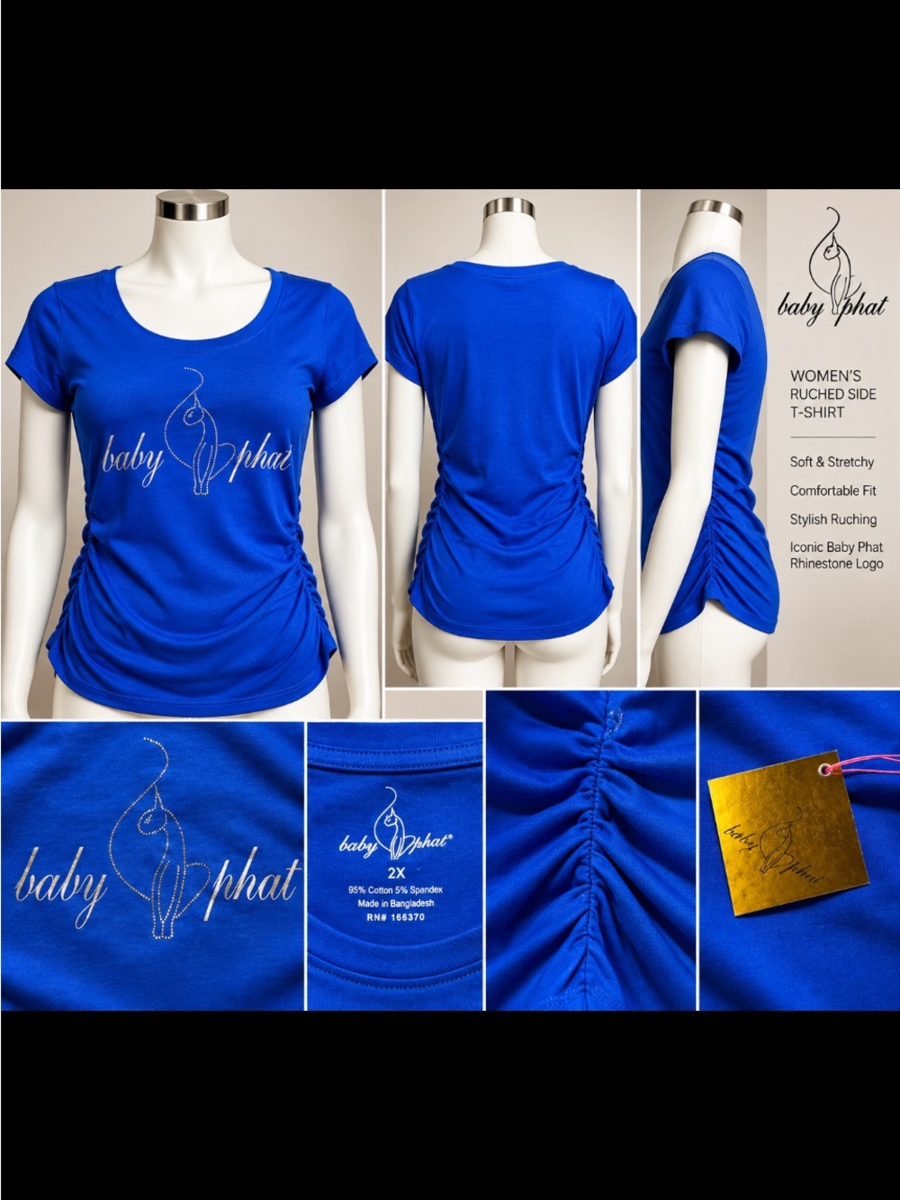 Baby Phat Royal Blue Short-Sleeve Ruched Tee with Rhinestone Logo